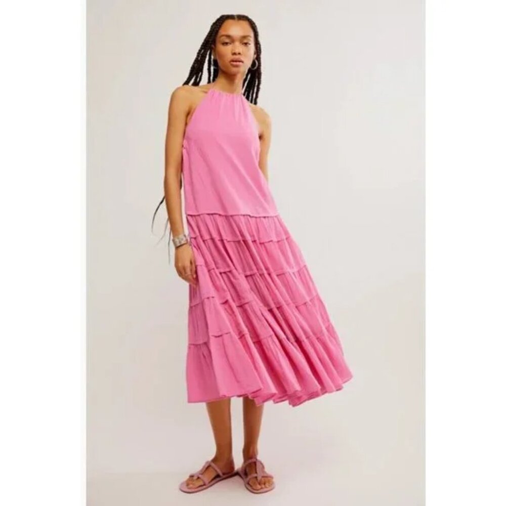 Free People Somewhere Sunny Drop-Waist Maxi Dress Pink Halter Large NWT